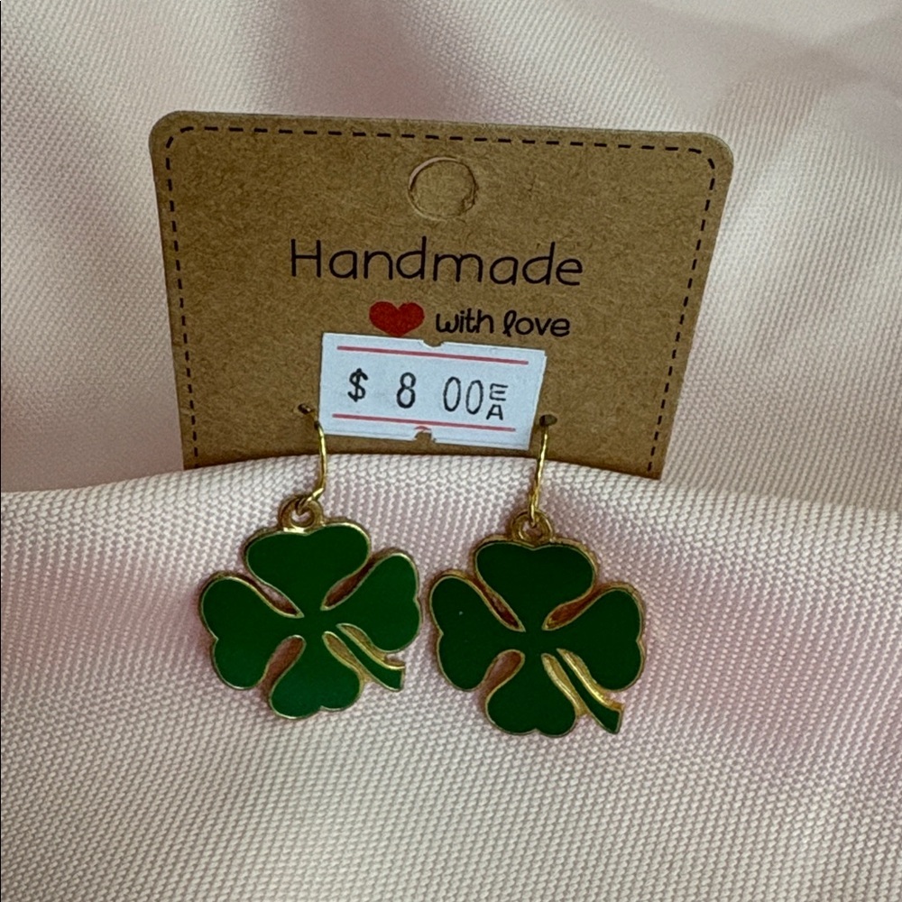 🟢 Handmade Enamel Shamrock 4 Leaf Saint Patties Clover Earrings